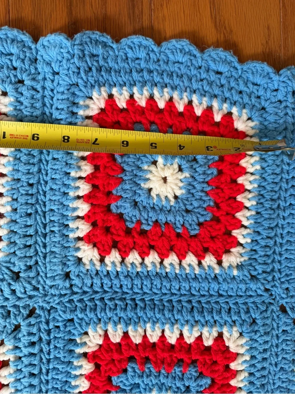 Handmade Crochet Granny Square Blanket Throw in Blue, Red & Cream 5x5